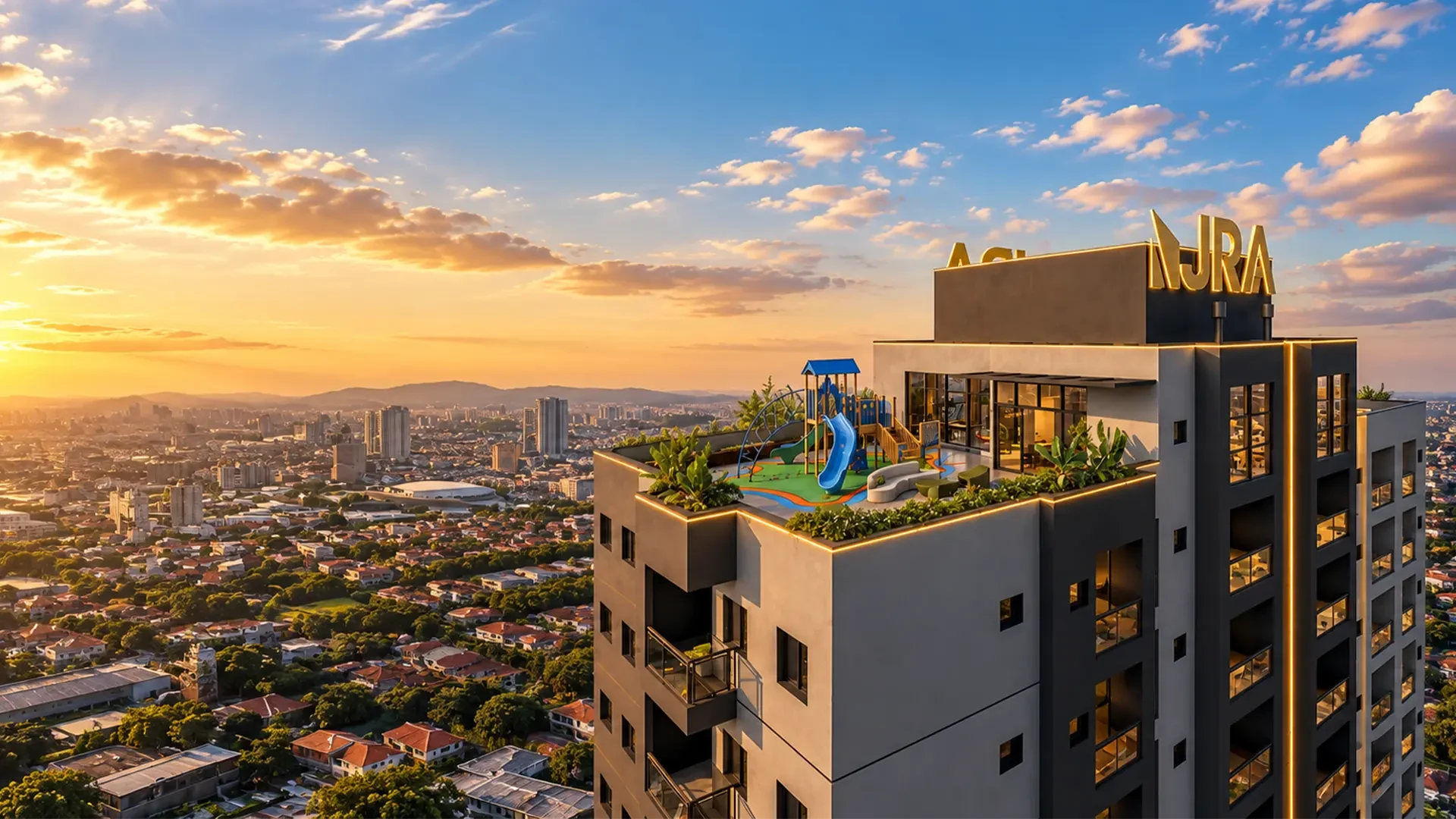 Visualização arquitetônica de um edifício ao pôr do sol